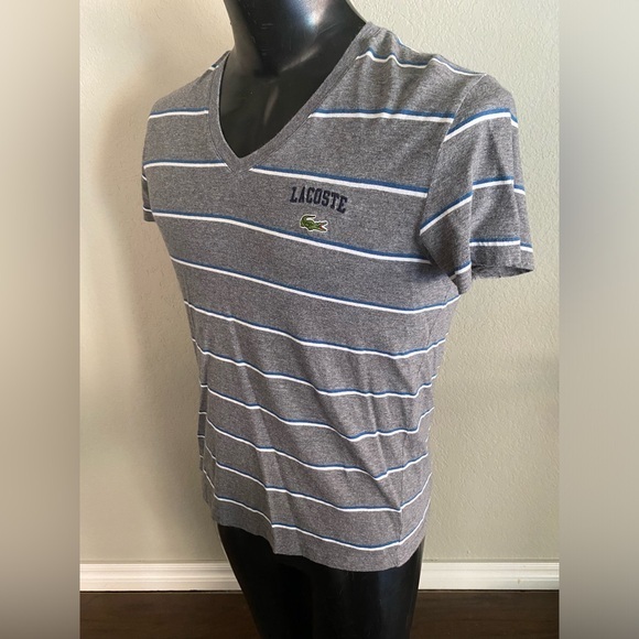LACOSTE Women’s Size 3 V Neck Gray/White Stripe Pullover Shirt W/ Alligator Logo - Picture 1 of 6